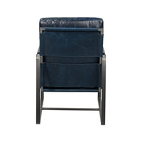Blue leather accent chair, back view.