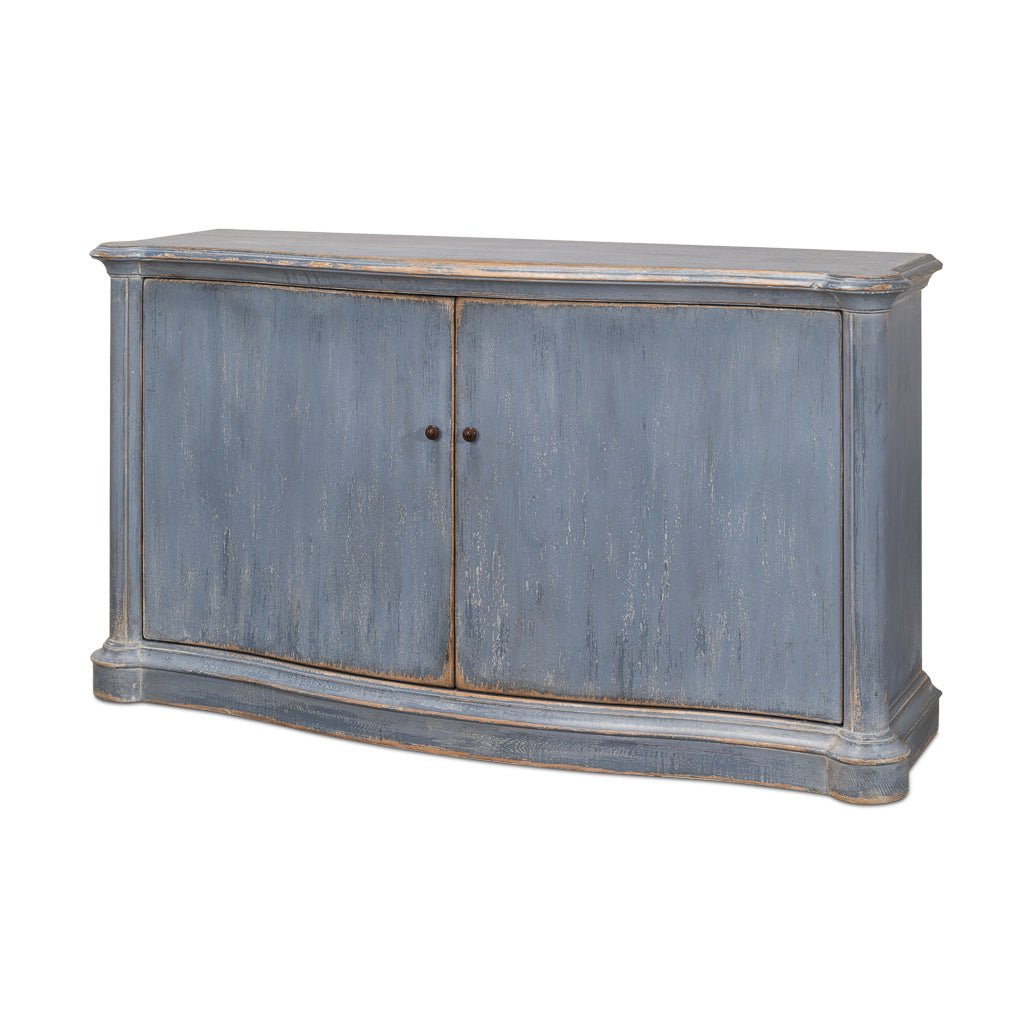 Blue sideboard angled view, curved design close-up.