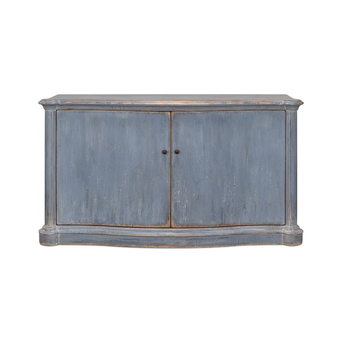 Blue sideboard front view, rustic finish.