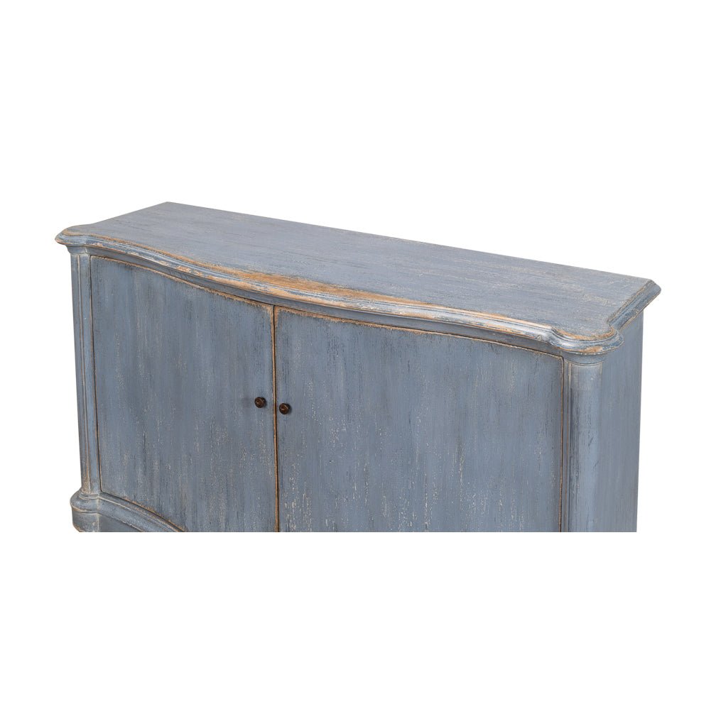 Top corner angle view of blue sideboard.