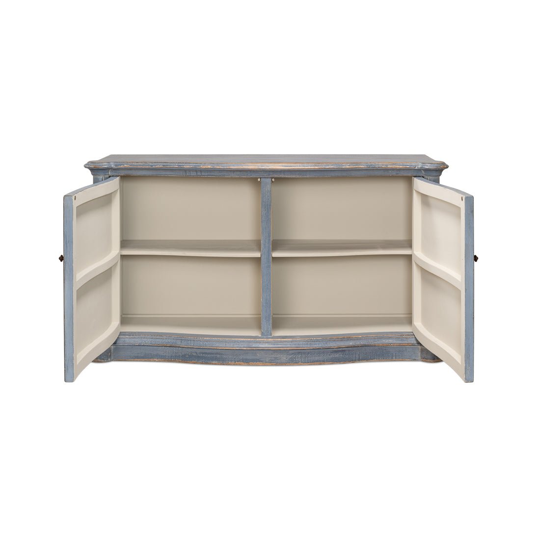 Blue sideboard open showing interior shelves.