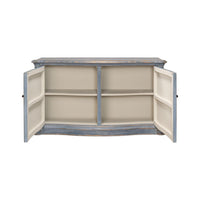 Blue sideboard open showing interior shelves.