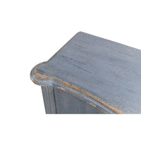 Detailed top surface of blue sideboard.