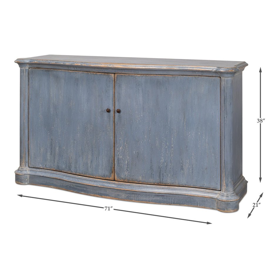 Blue sideboard with dimensions, bowfront design.