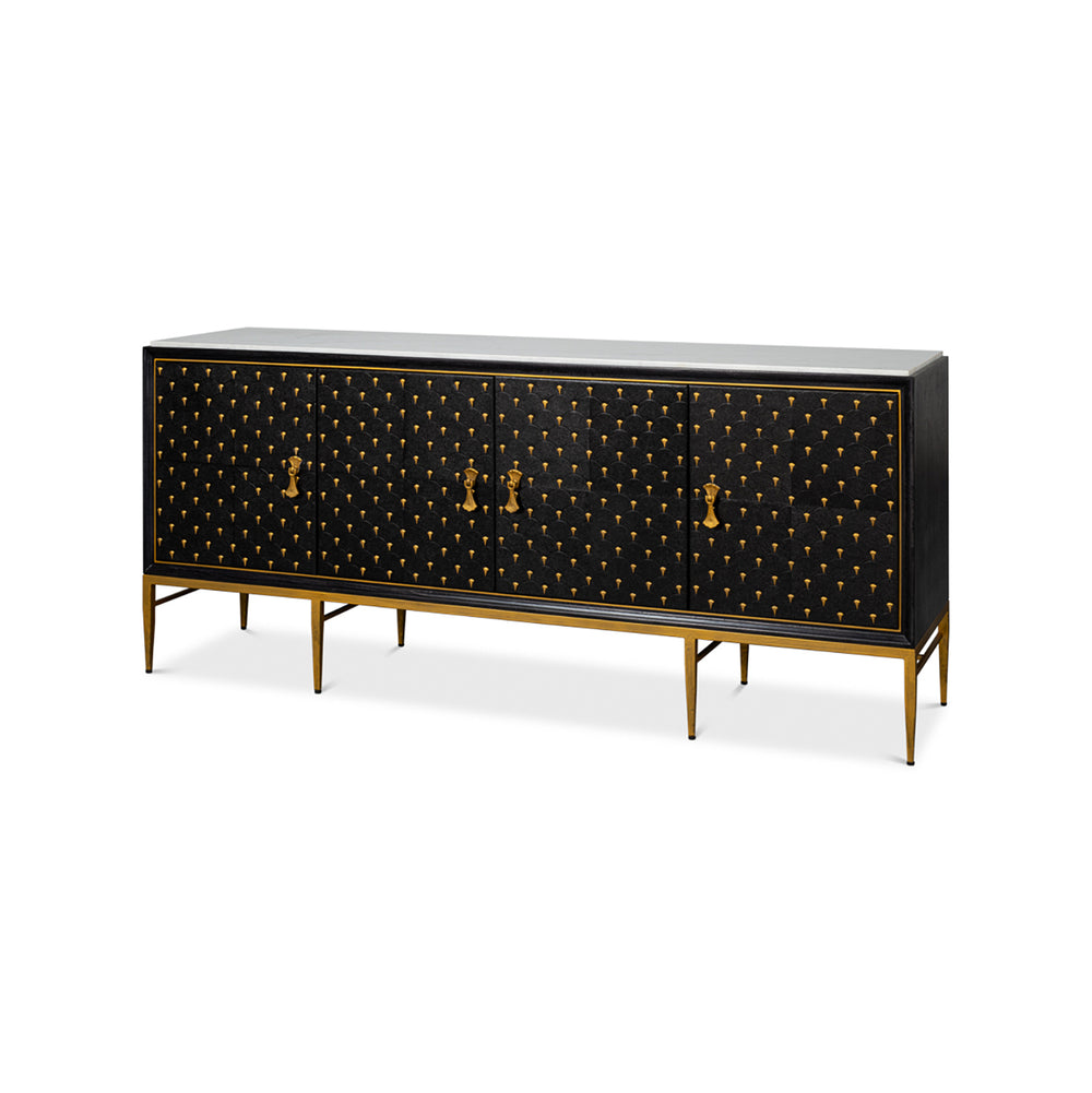 Black sideboard with gold accents, front view.