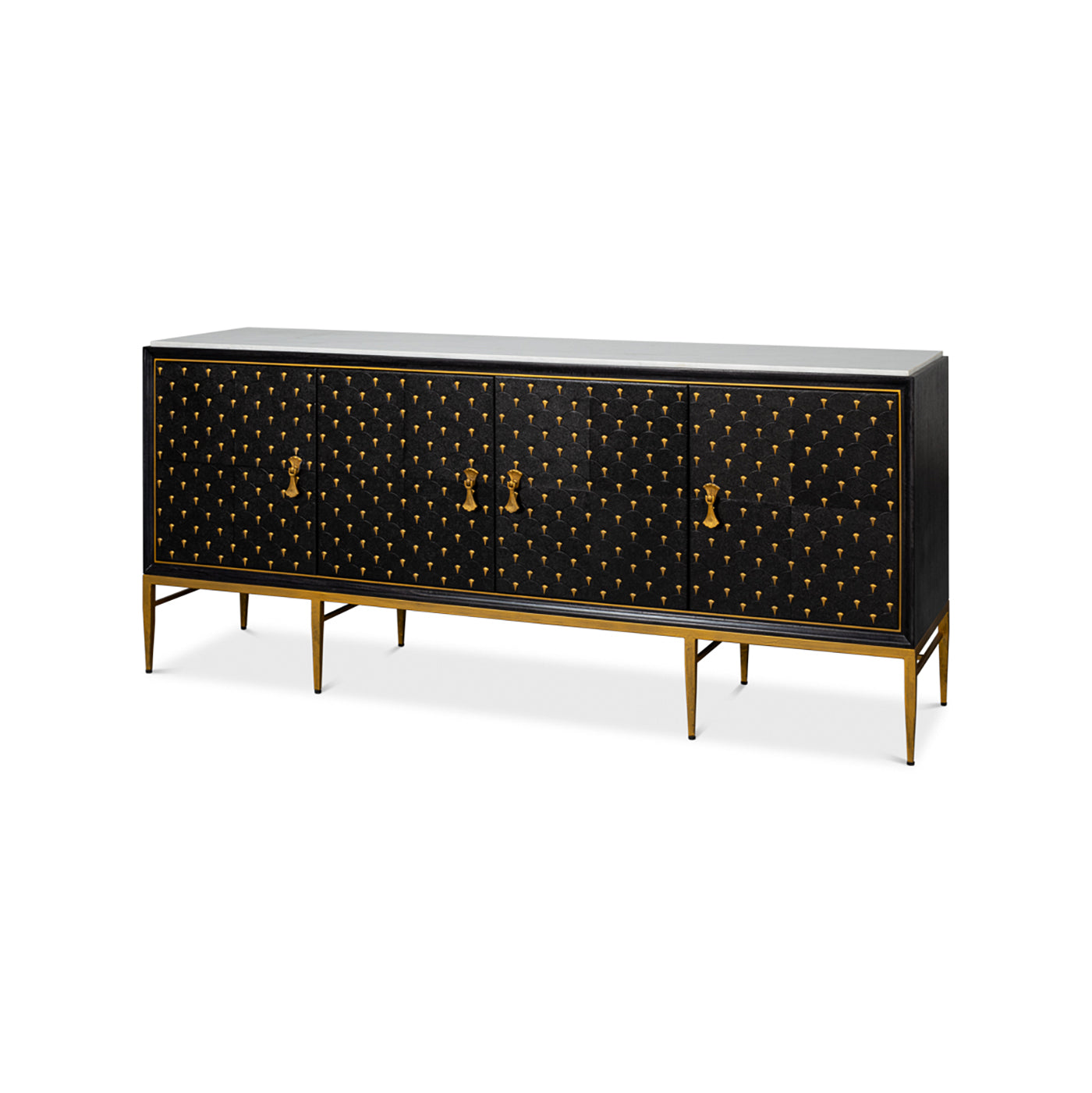 Black sideboard with gold accents, front view.