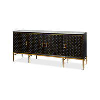 Black sideboard with gold accents, front view.