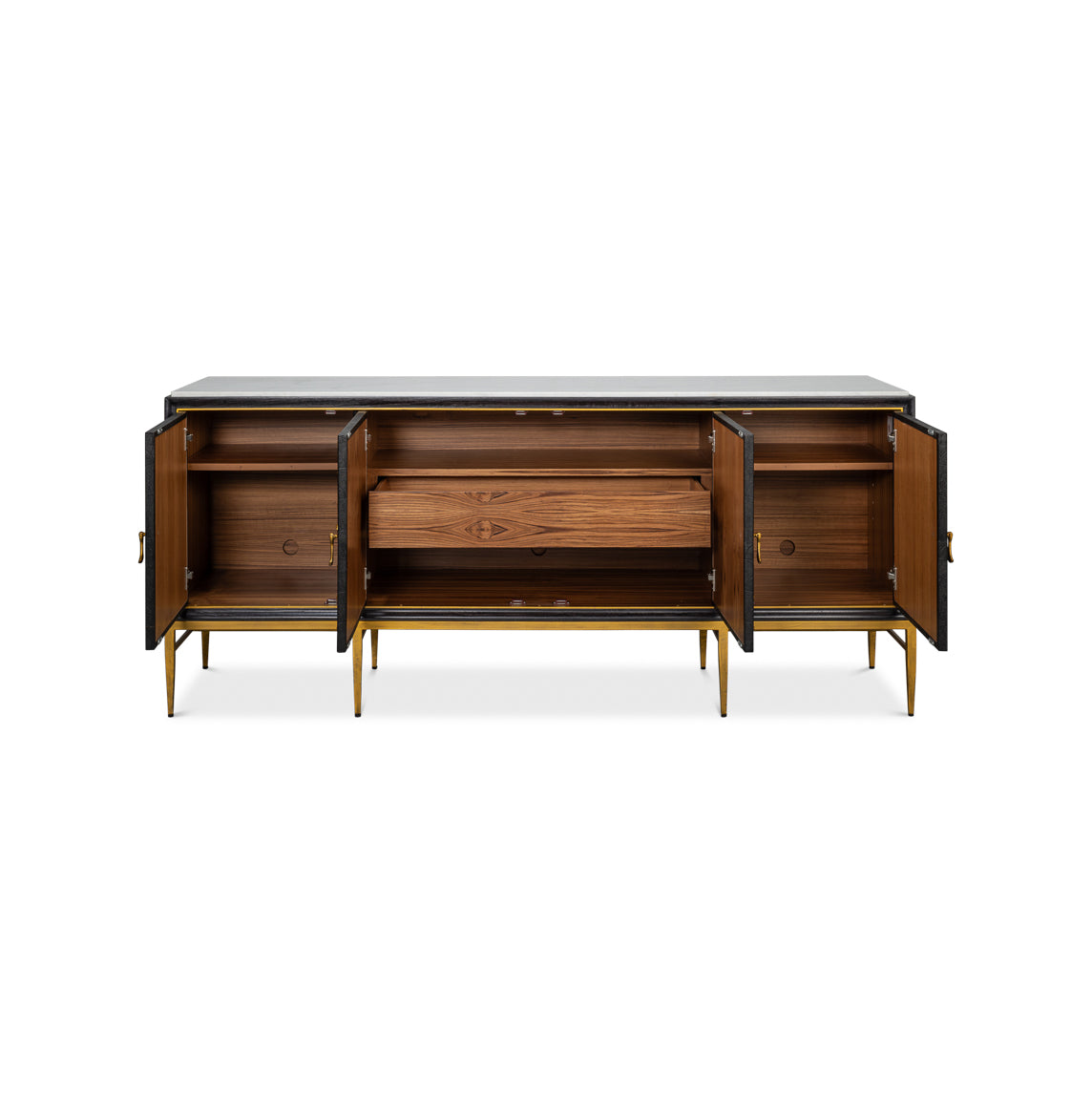 Open sideboard showing interior shelving and drawers.