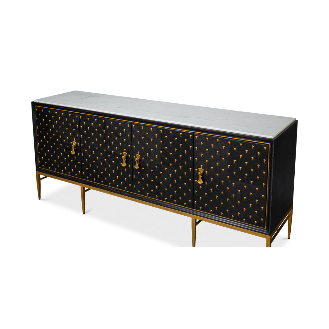 Angled view of black sideboard with gold details.