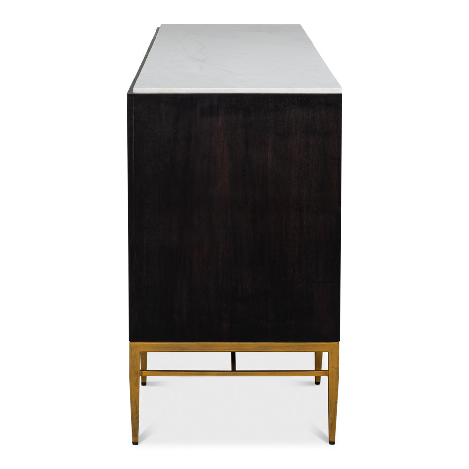 Side view of black sideboard with marble top.