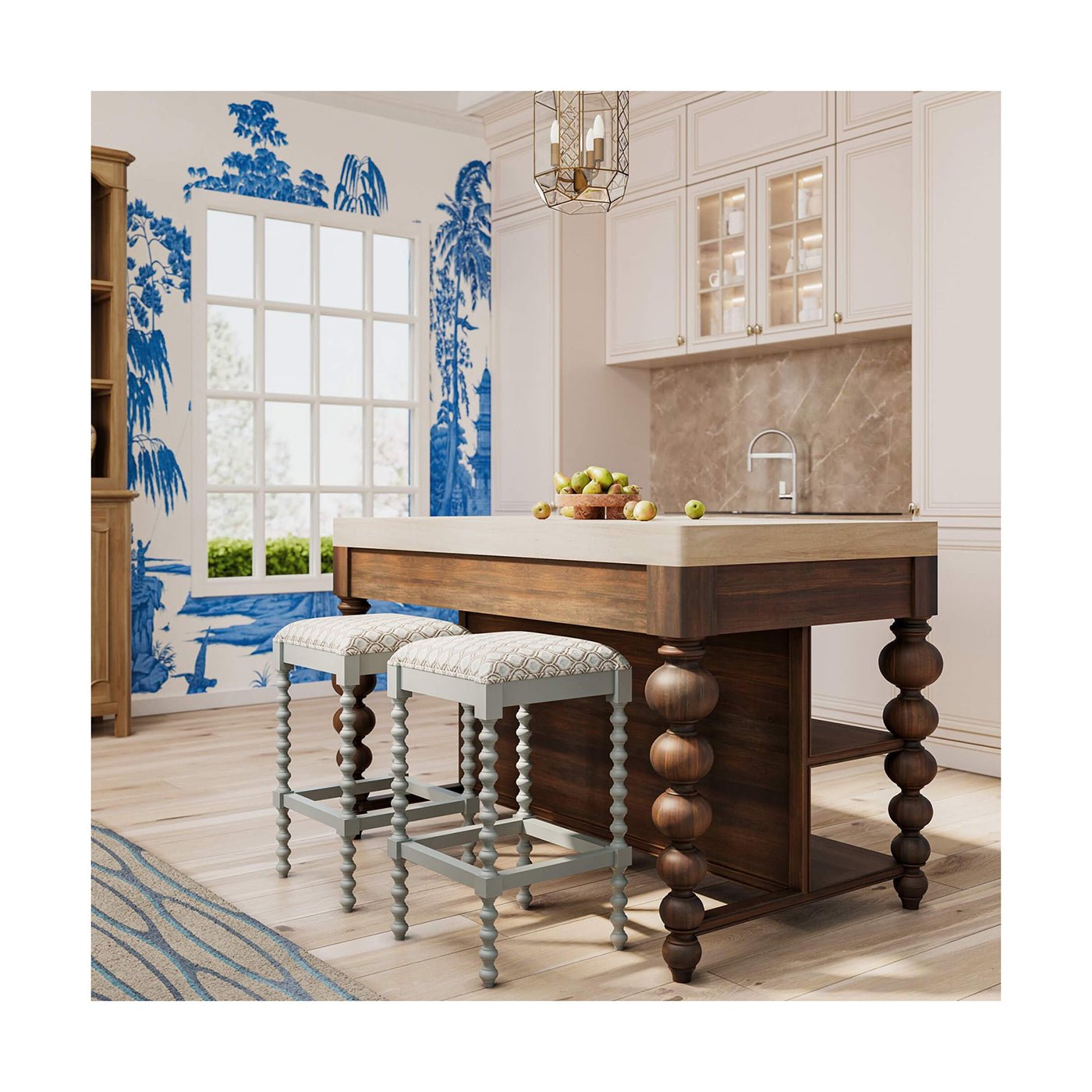 Kitchen scene featuring island and stools.