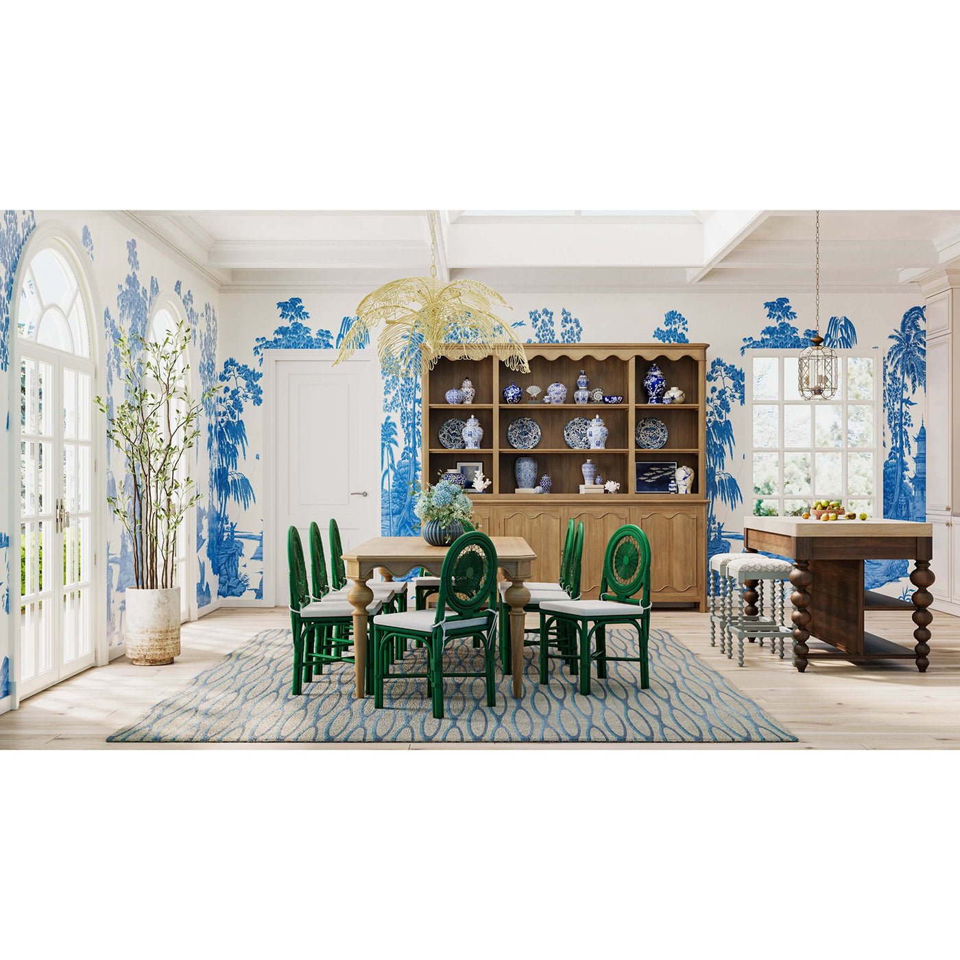 Dining room with green chairs, kitchen island included.