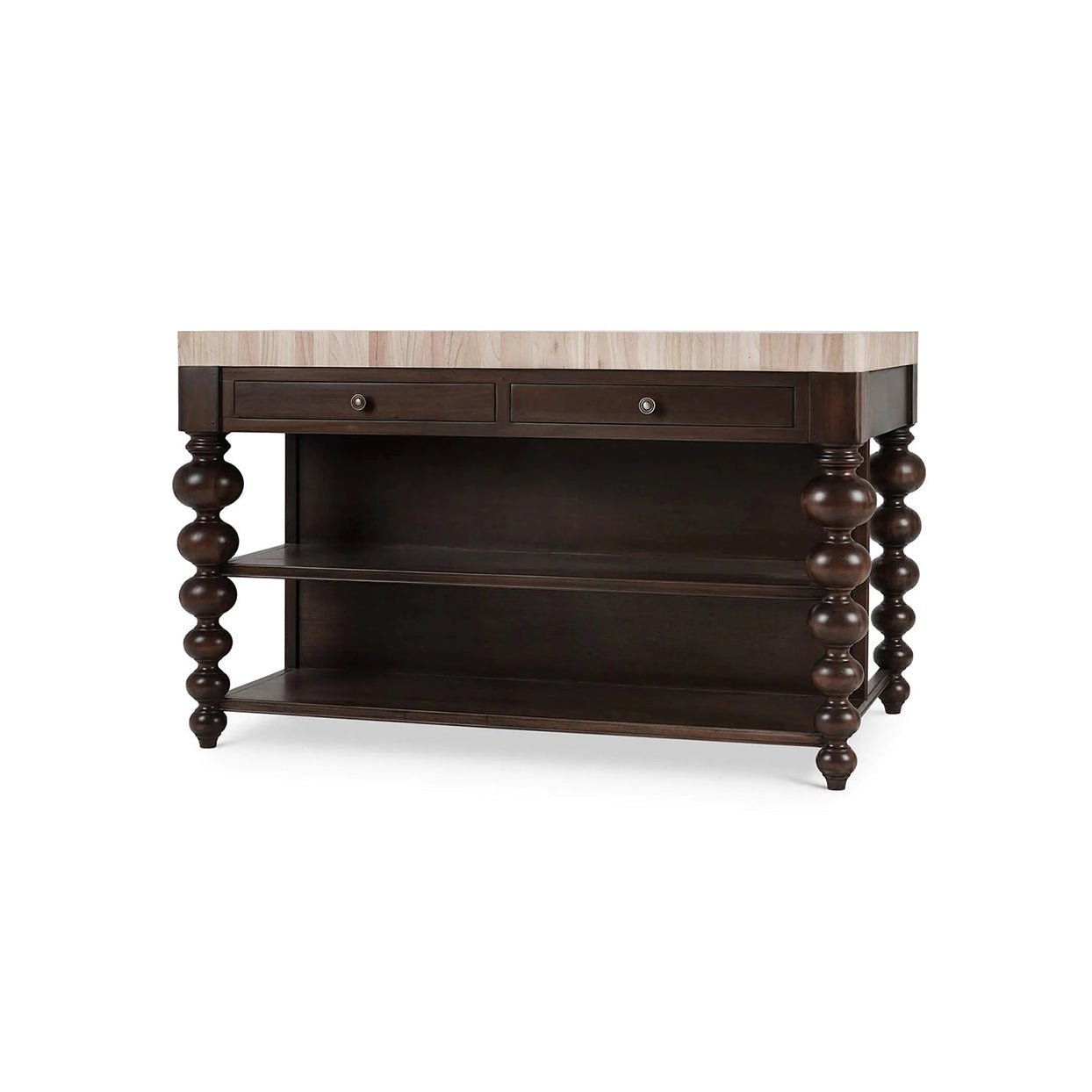 Dark kitchen island with bobbin legs front view.