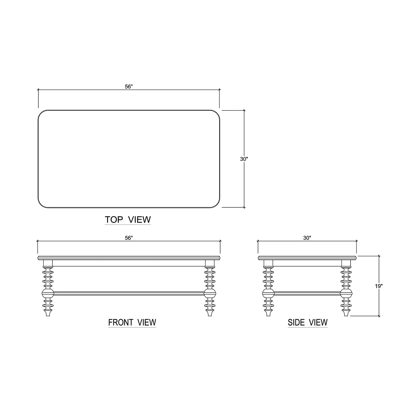 Dimensions sketch of Bobbin Leg Coffee Table.