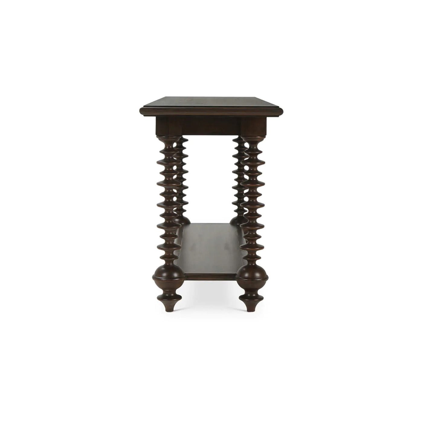 Side view of console table focusing on bobbin legs.