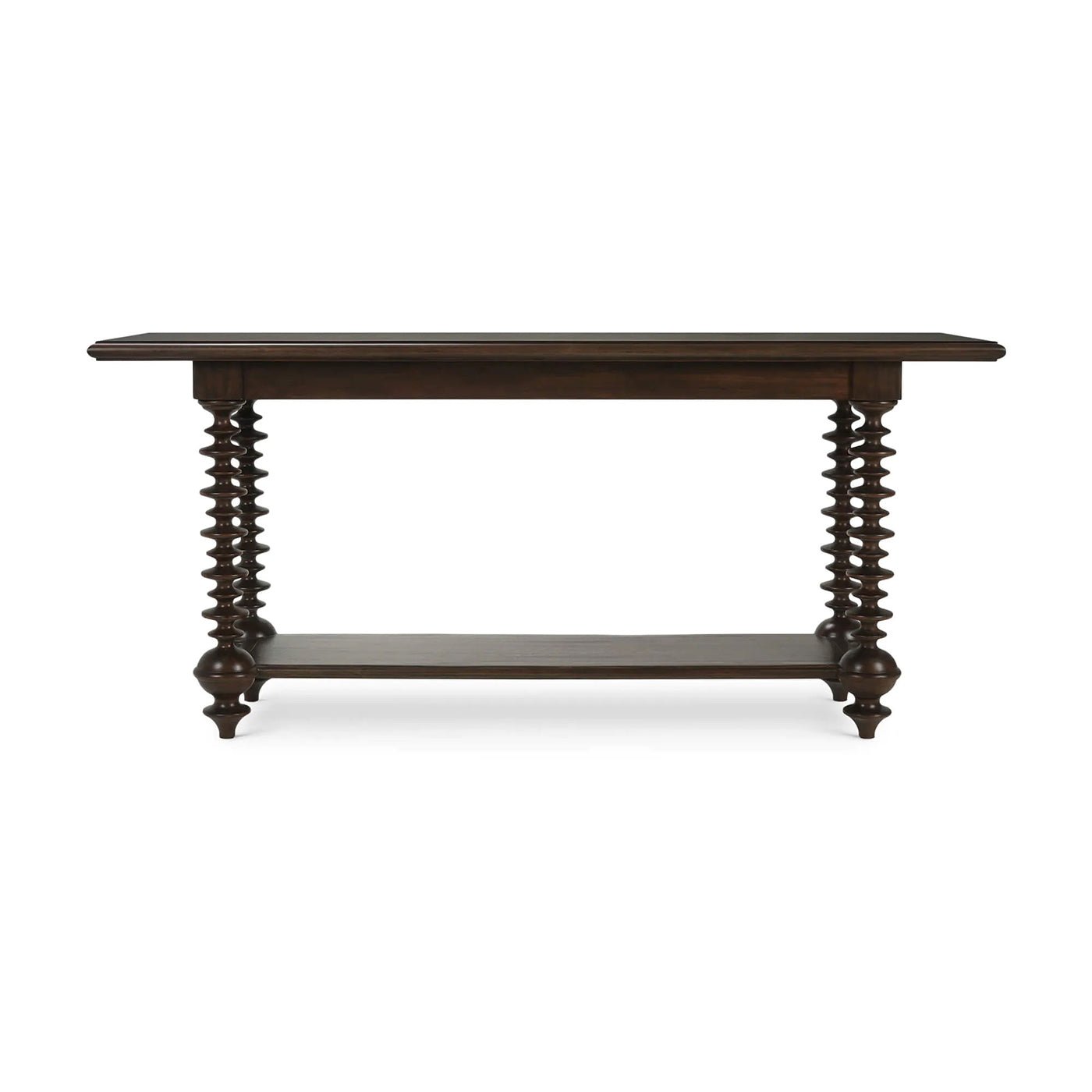 Front view of dark walnut console table with bobbin legs.