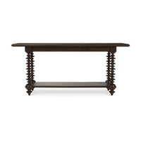 Front view of dark walnut console table with bobbin legs.