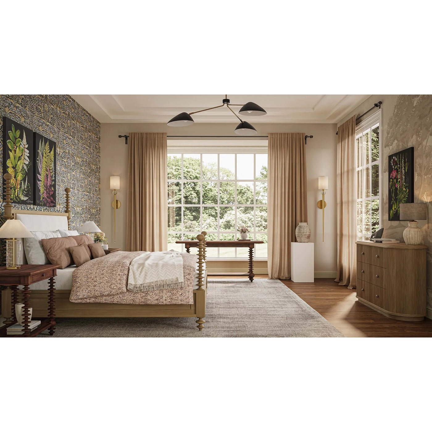 Console table in bedroom setup with elegant decor.