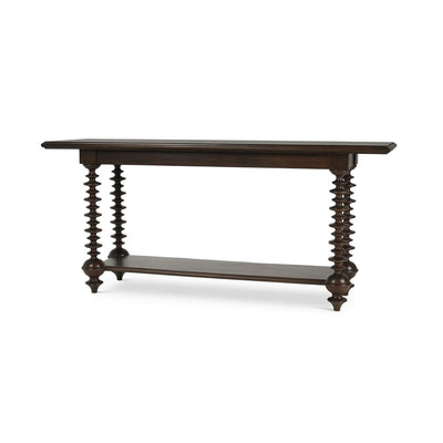 Dark walnut console table with bobbin legs, perspective view.