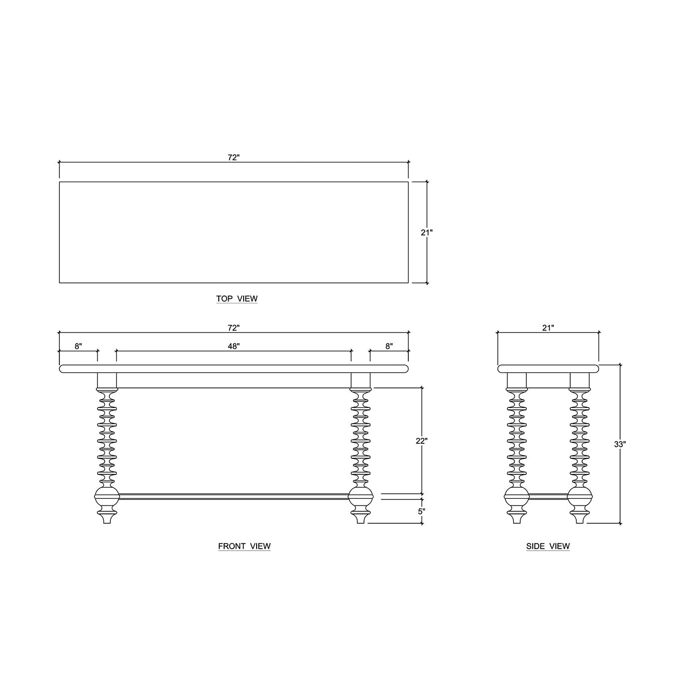Diagram showing dimensions of bobbin leg console table.