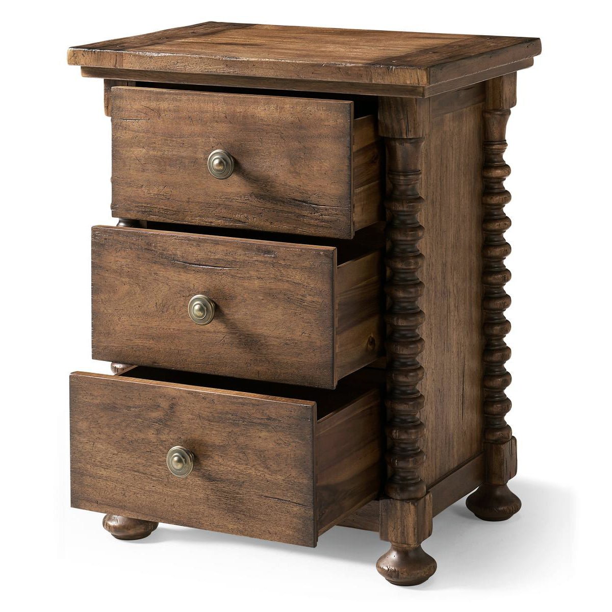 Wooden nightstand with open drawers and decorative handles.