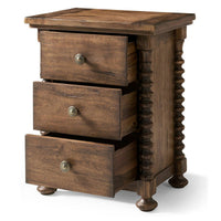 Wooden nightstand with open drawers and decorative handles.