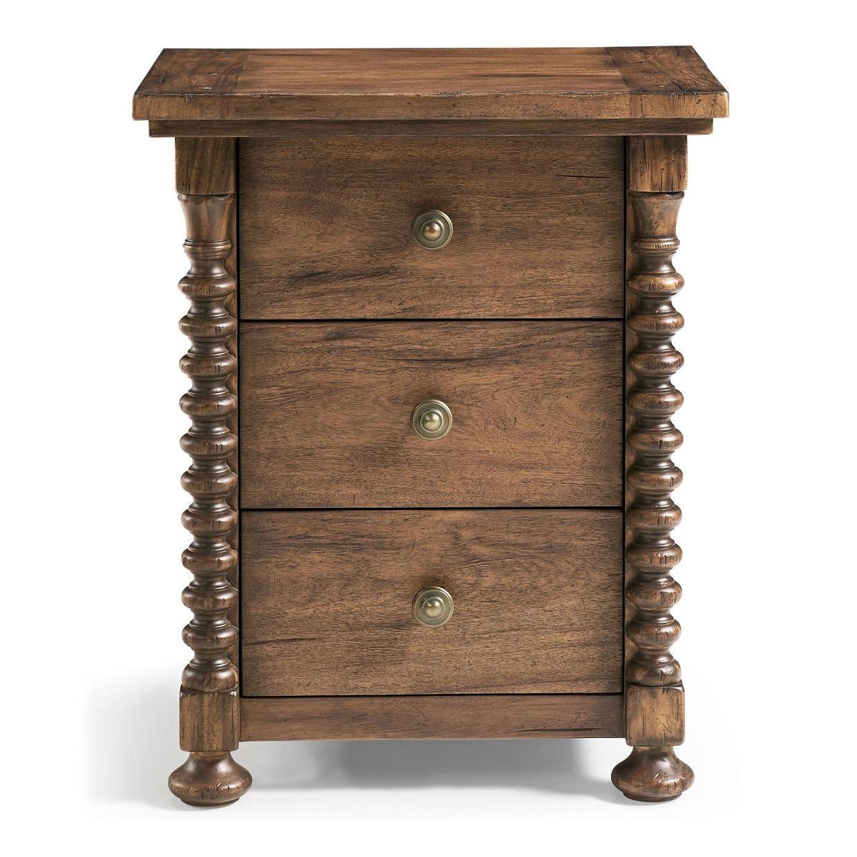 Front view of wooden nightstand with drawer handles.