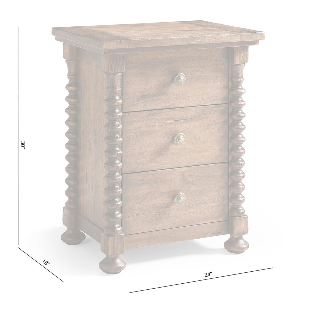 Dimensions of wooden nightstand height, width, depth specifications.
