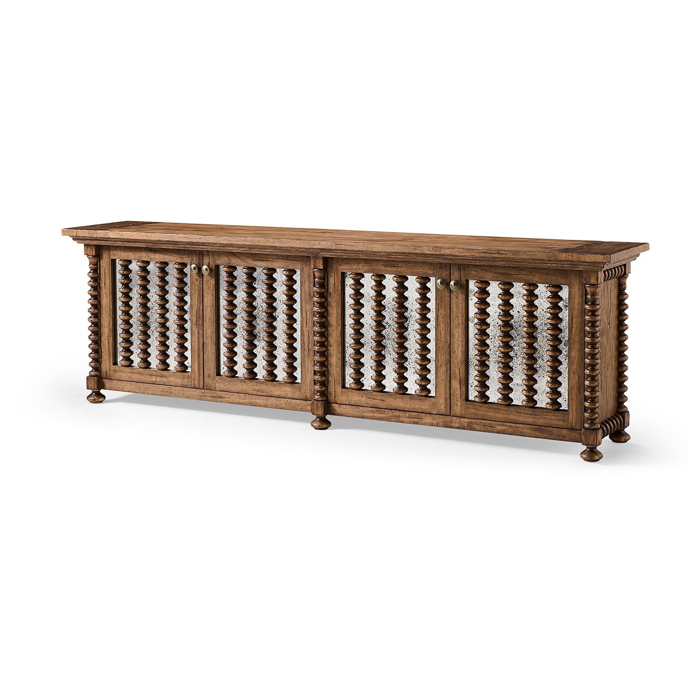 Full view of wood entertainment console, front angle.