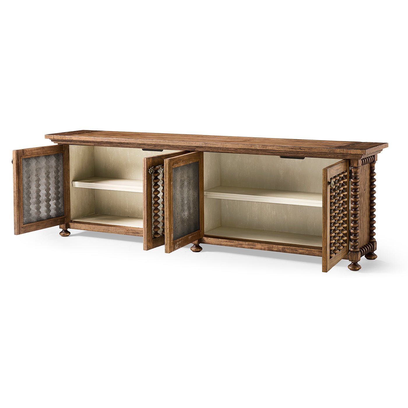 Console open doors showing interior shelves.