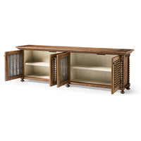 Console open doors showing interior shelves.