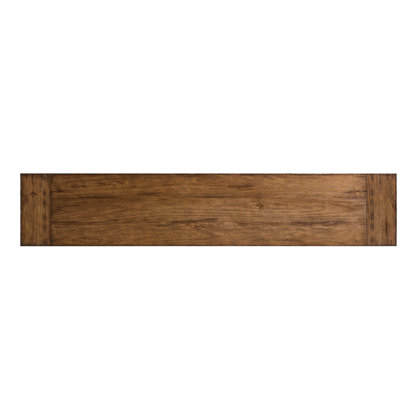 Top-down view of entertainment console wood surface.