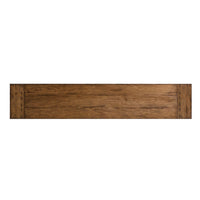 Top-down view of entertainment console wood surface.
