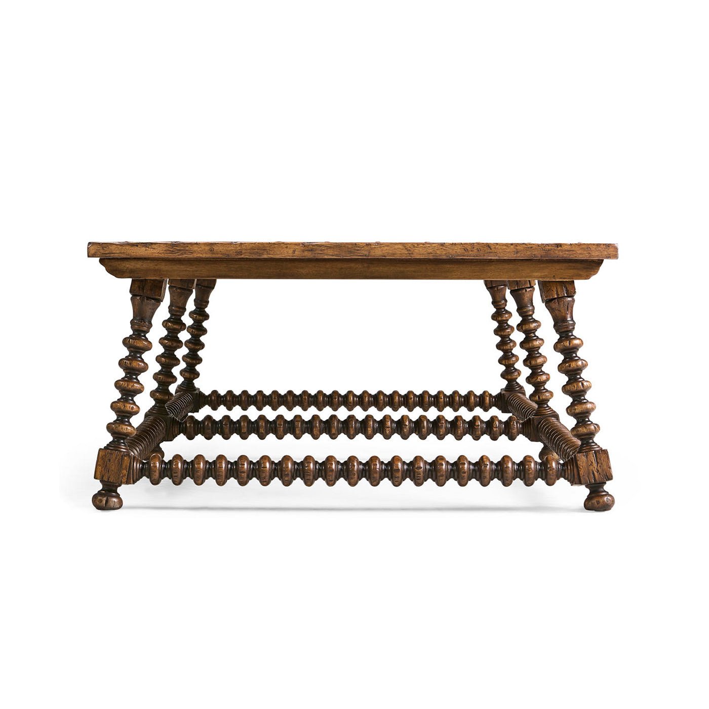 End view highlighting bobbin-turned legs of coffee table.