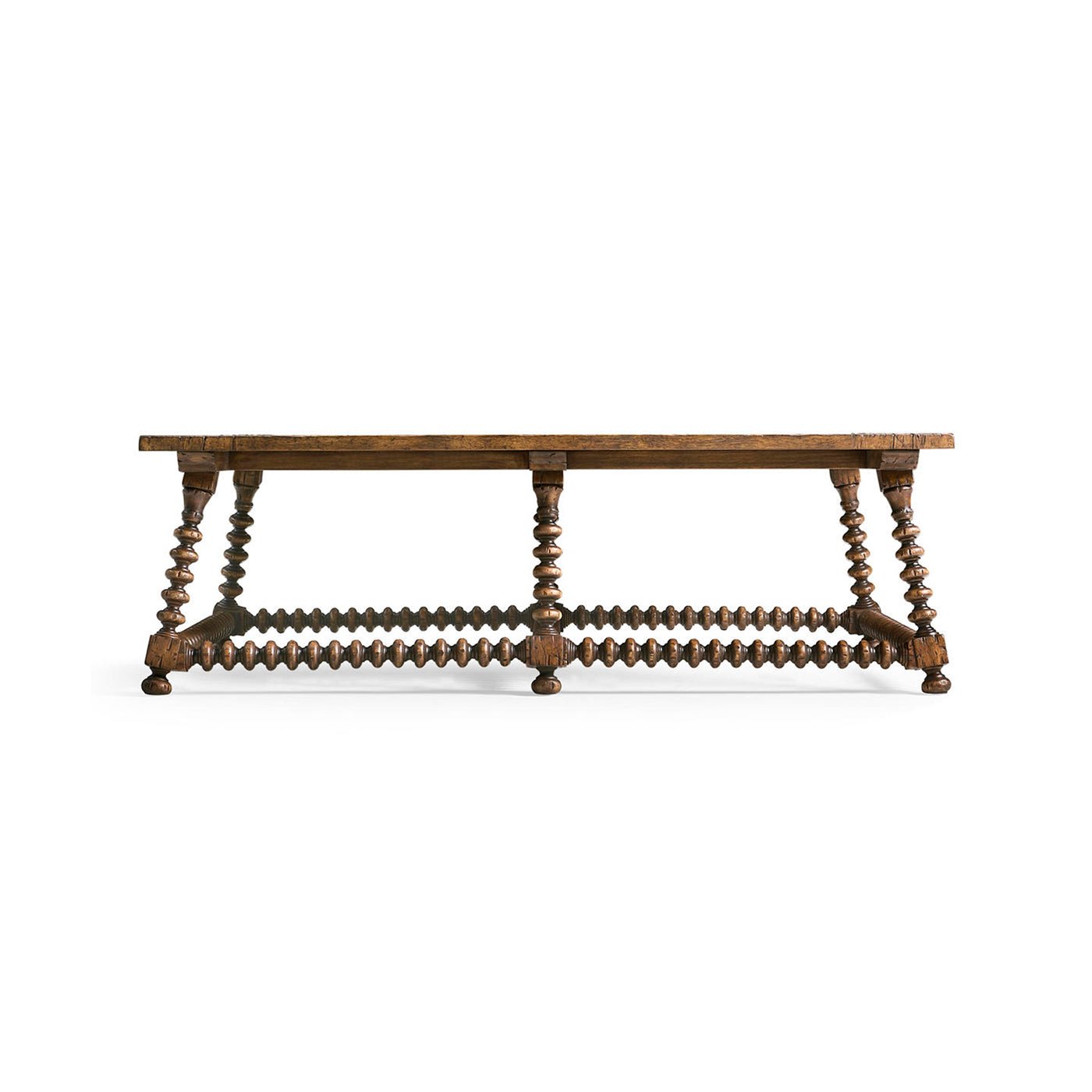 Side view of coffee table showcasing bobbin-turned leg design.