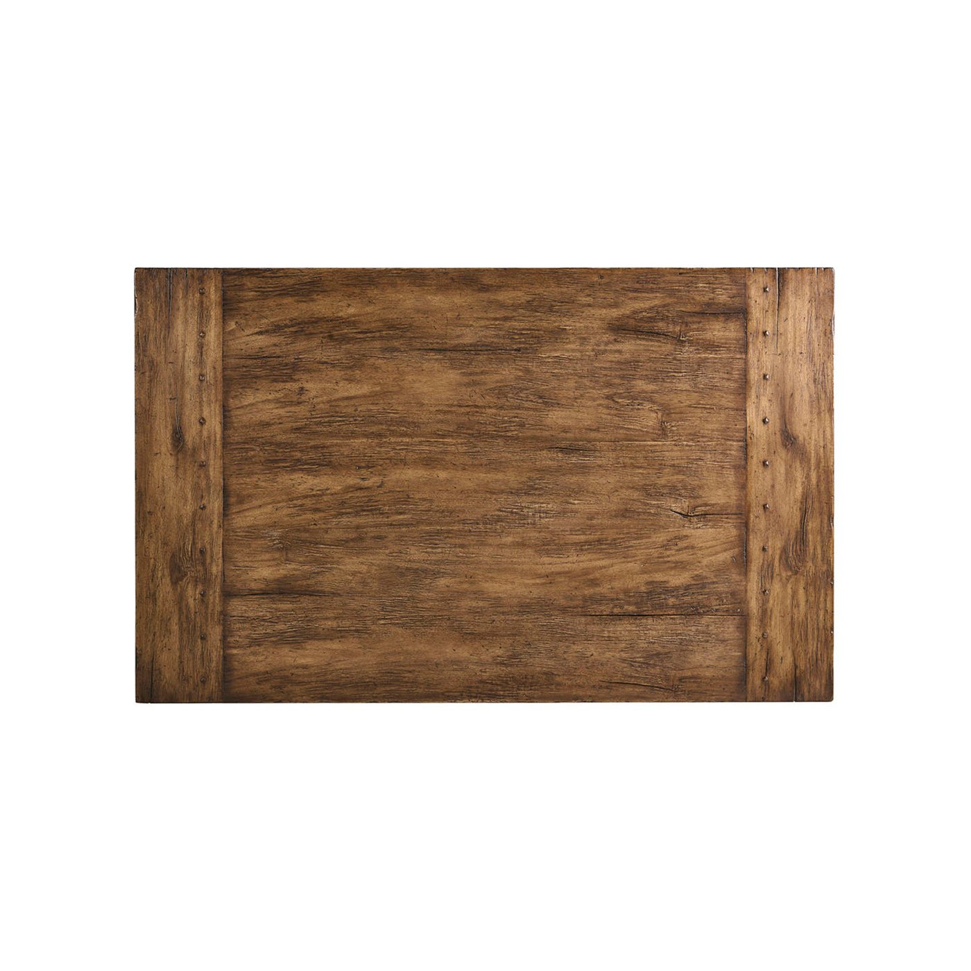 Top view of rustic coffee table with wood grain texture.