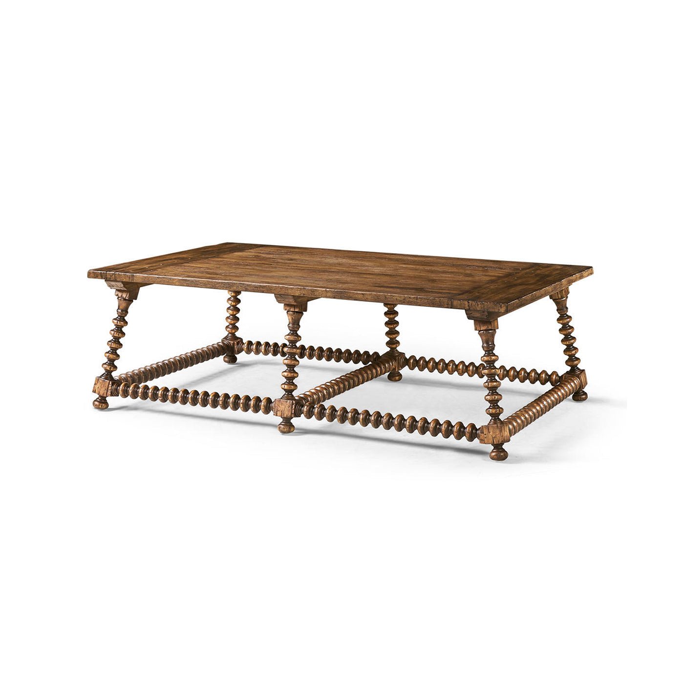 Rustic coffee table with bobbin-turned legs, perspective view.
