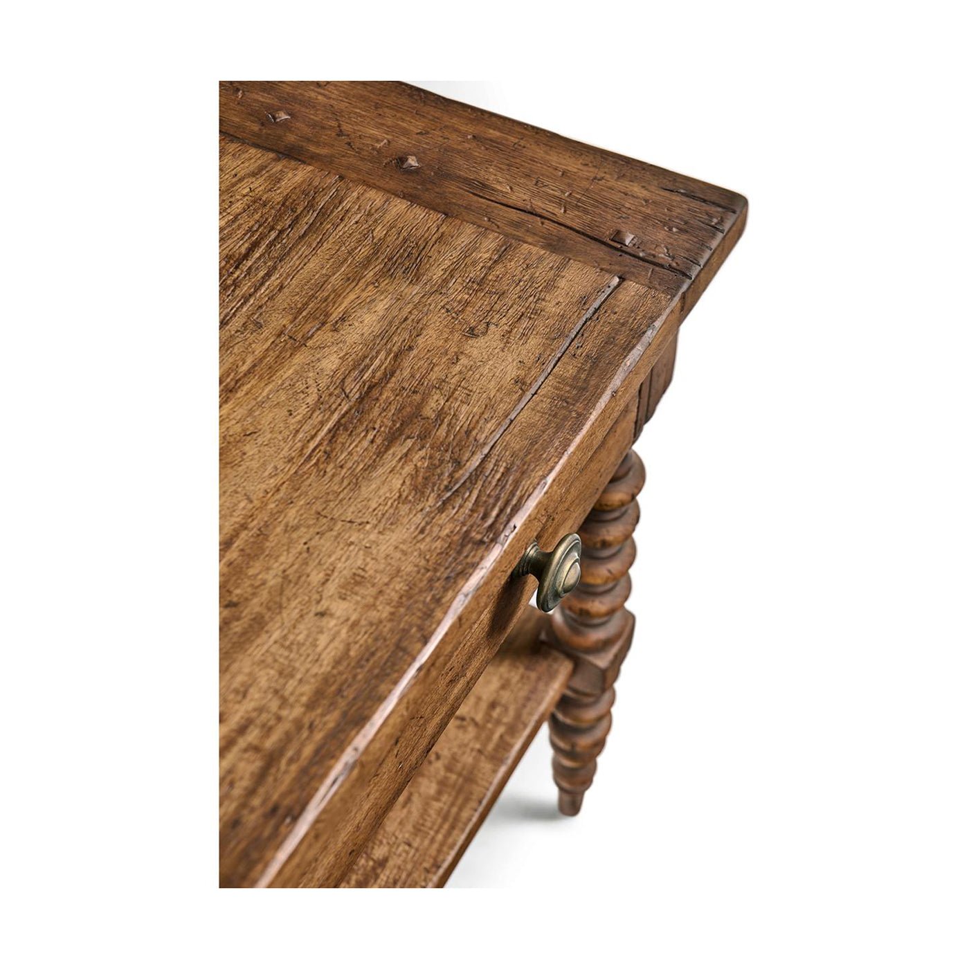 Corner detail of rustic nightstand showing wood texture.