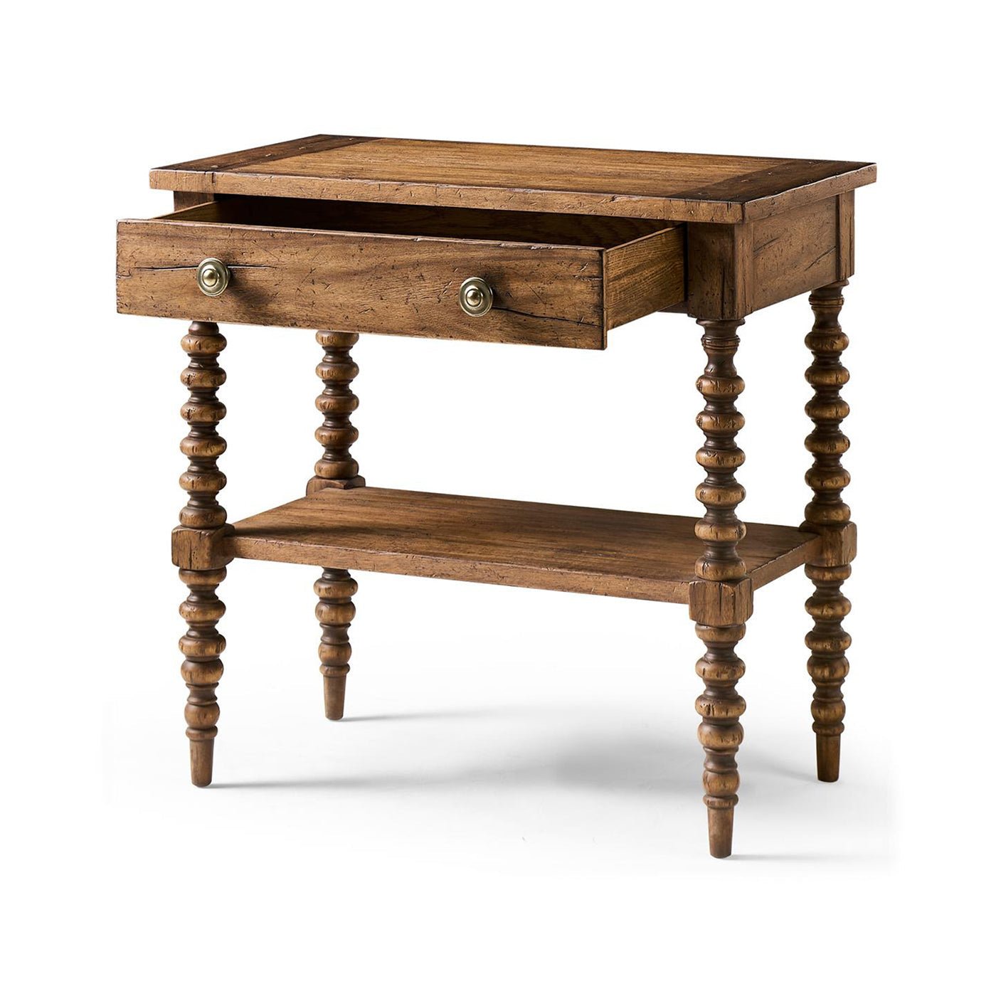 Rustic nightstand with open drawer and bobbin-turned legs.