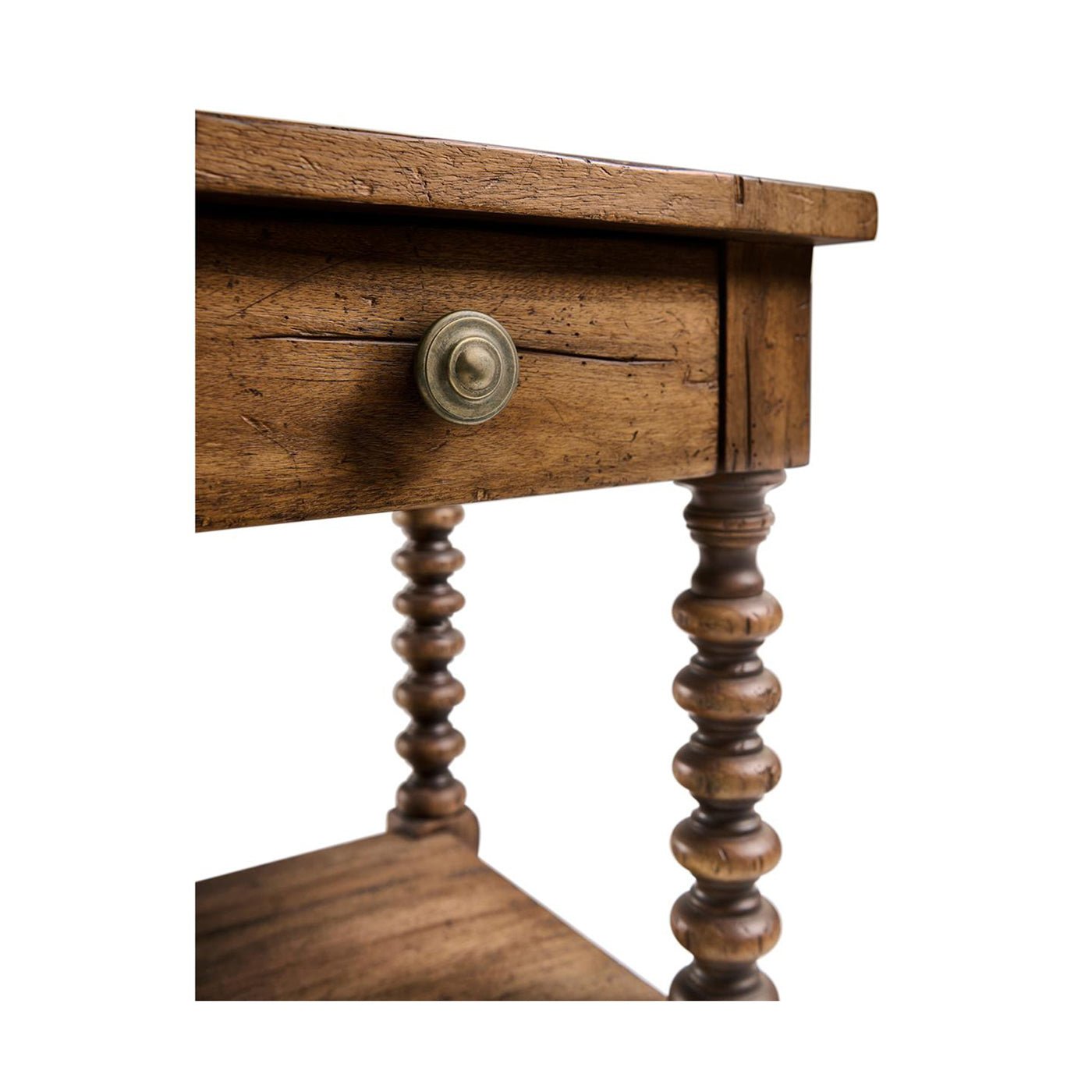 Close-up of drawer knob on rustic nightstand.