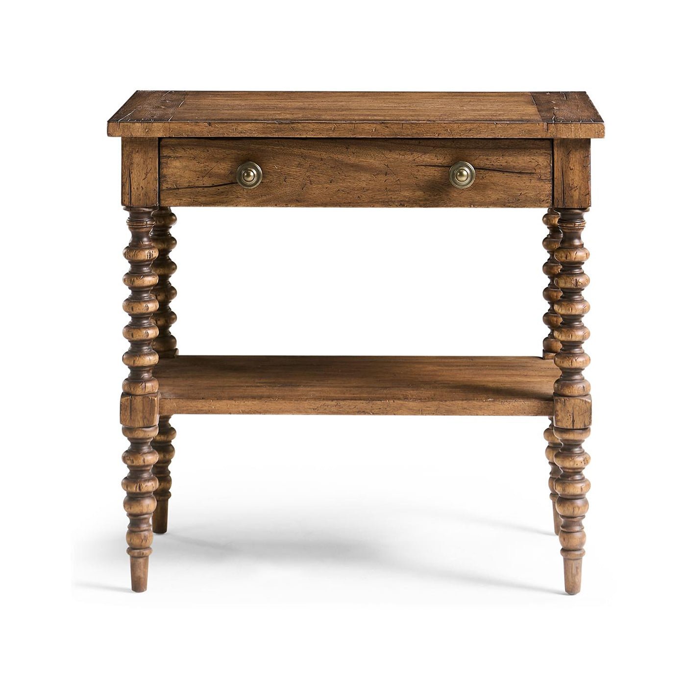Bobbin-turned rustic nightstand front view showing drawers.