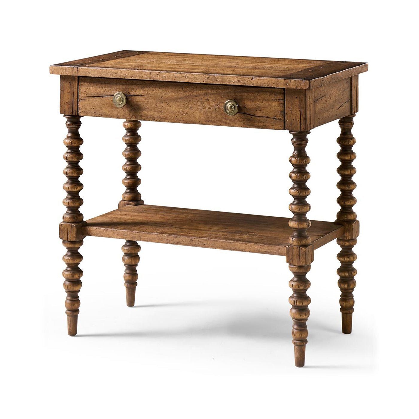Bobbin-turned rustic nightstand front view with drawer closed.