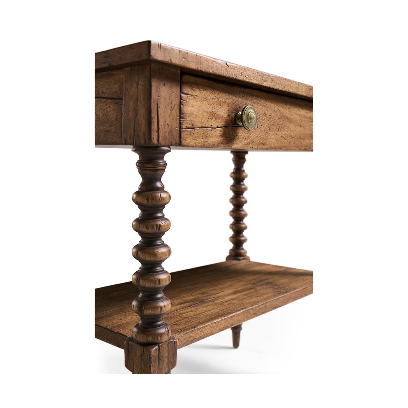 Angled view of rustic nightstand highlighting craftsmanship.