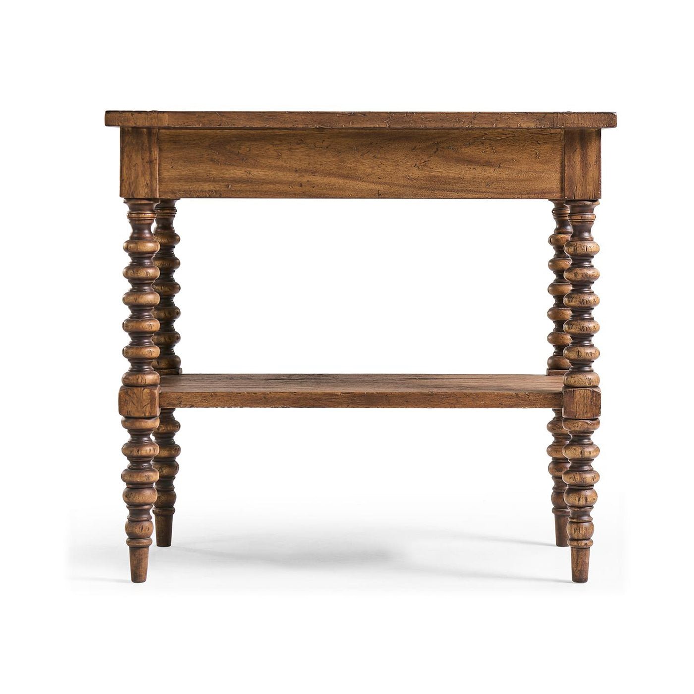 Back view of bobbin-turned rustic nightstand.