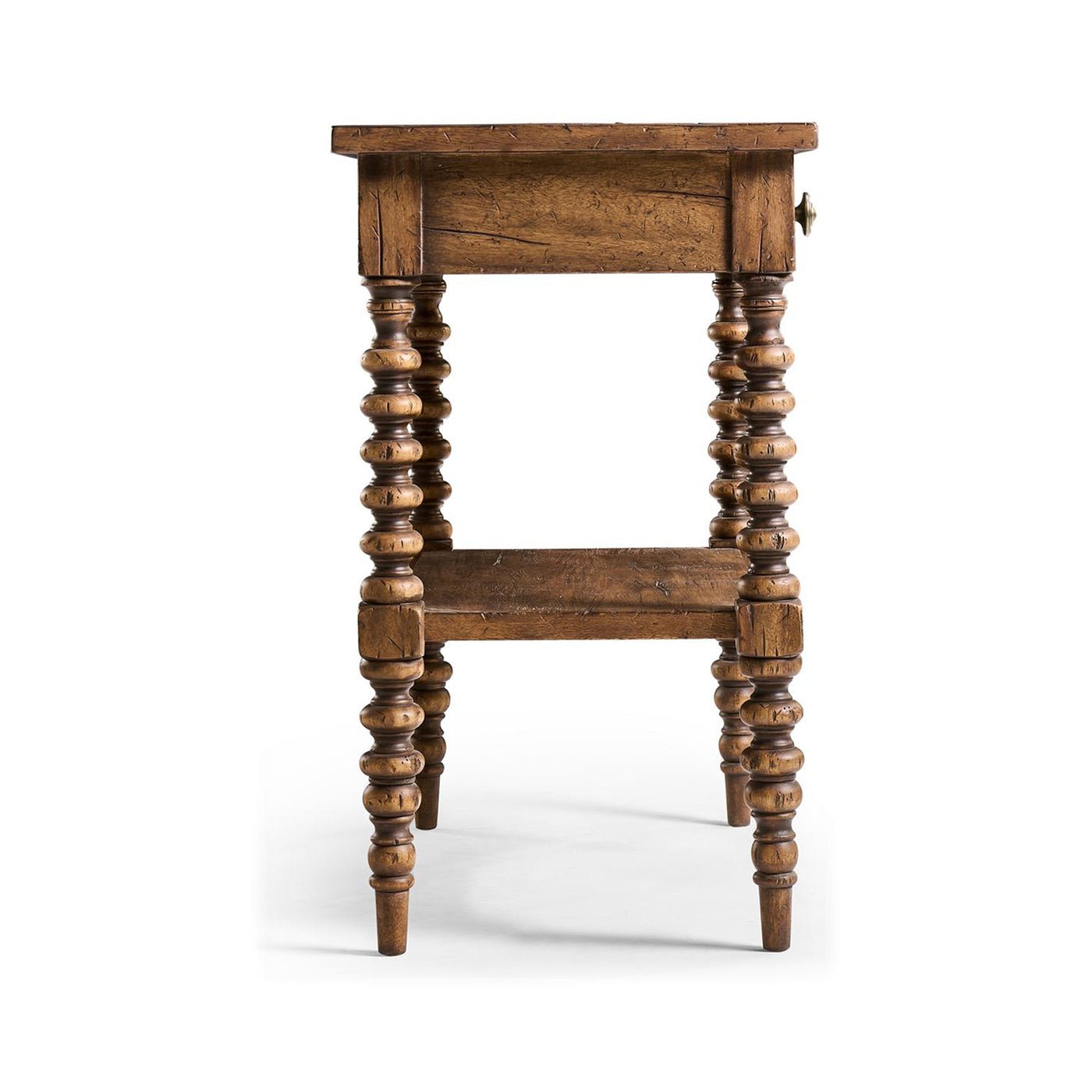 Side view of rustic nightstand with bobbin-turned legs.