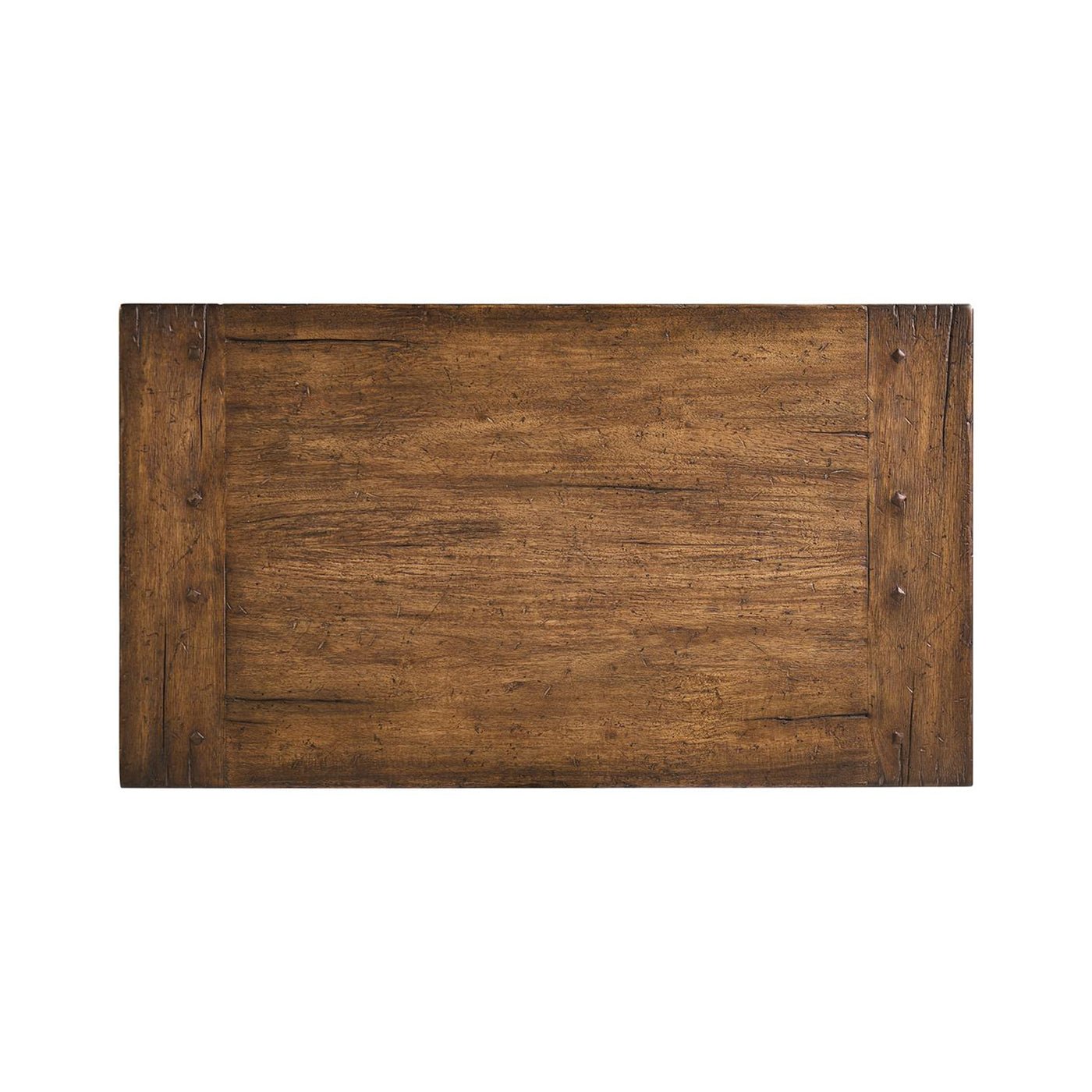 Top view of rustic nightstand surface detailing.