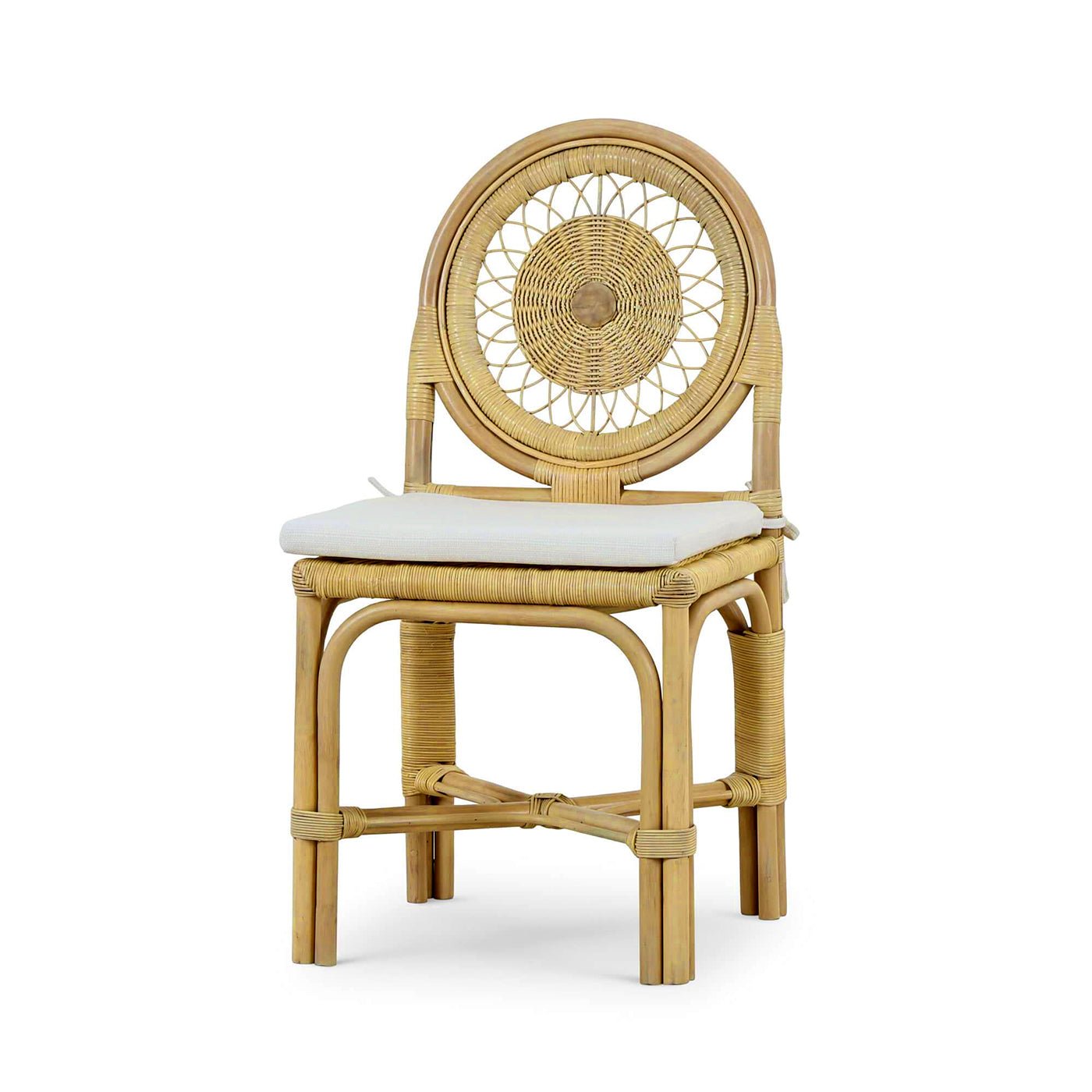 Rattan side chair front angle with cushion.