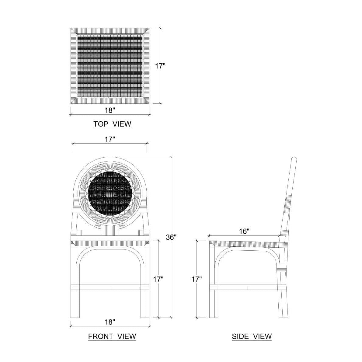 Dimension diagram of rattan side chair.