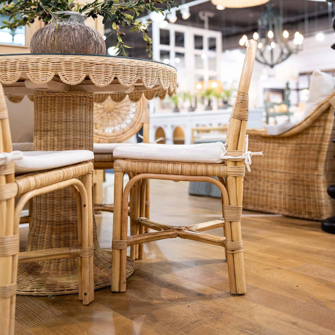 Side profile of rattan chair in dining room.