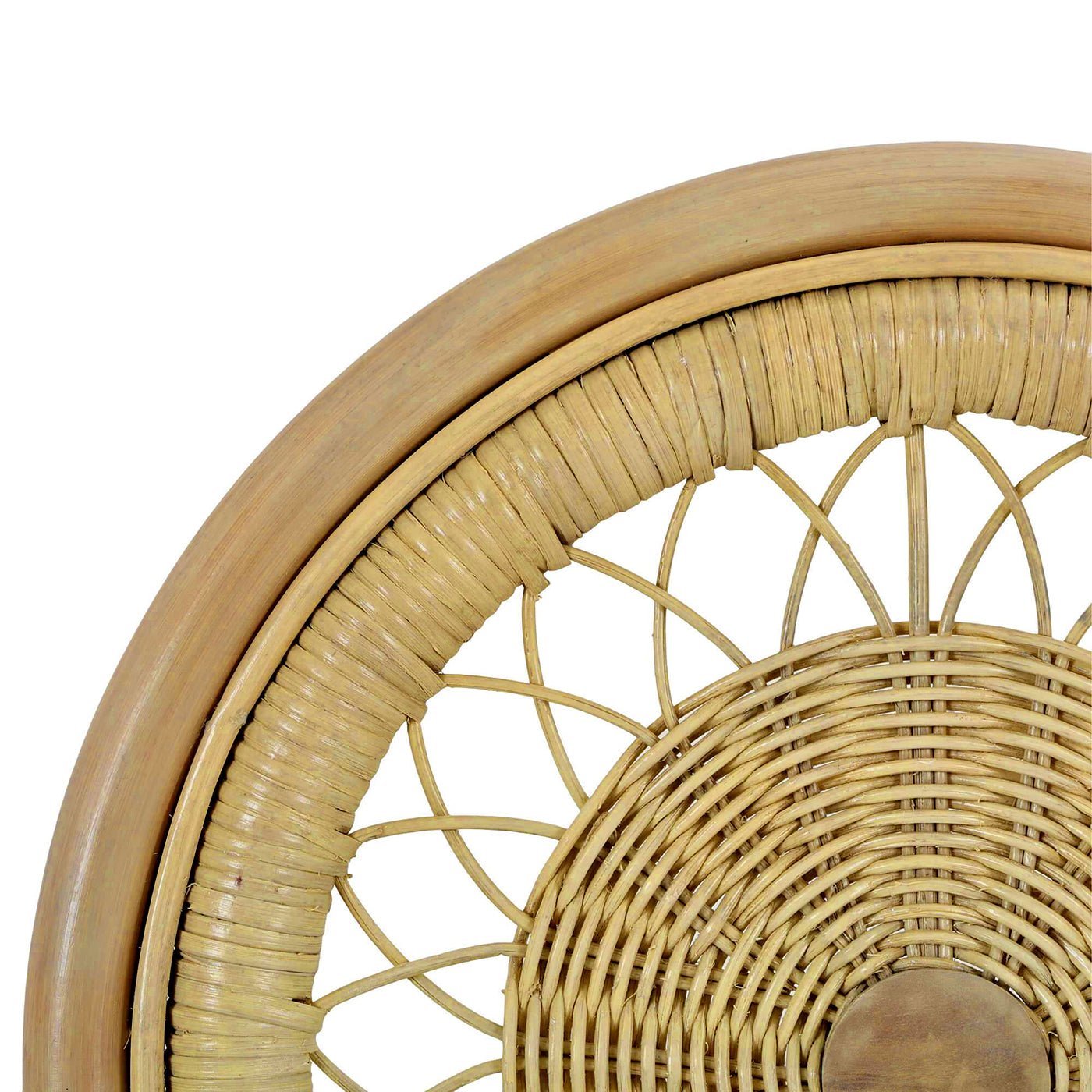 Detailed backrest design on rattan side chair.